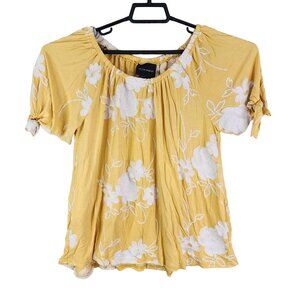 Women's Yellow Floral Liv Los Angeles Blouse Top Embroidered Short Sleeve Size L